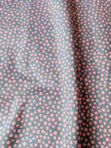 Blue Poly Cotton Fabric, Pink Flower Garden Fabric, Floral Fabric